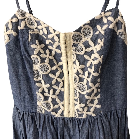 Spaghetti Strap Embroidered Bodice Chambray Dress - Picture 2 of 8